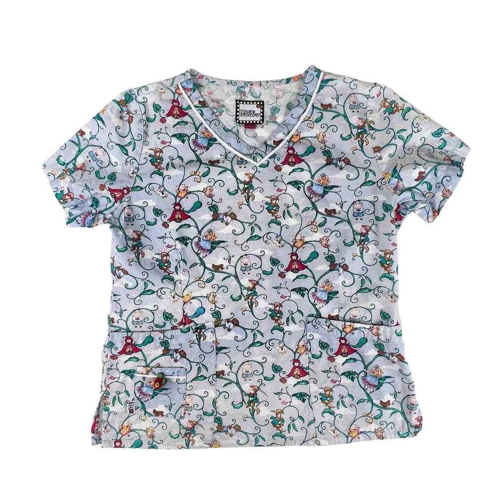 Mary Englebreit Womens Size M Scrub Top Nursery Rhymes Clouds Vines Blue